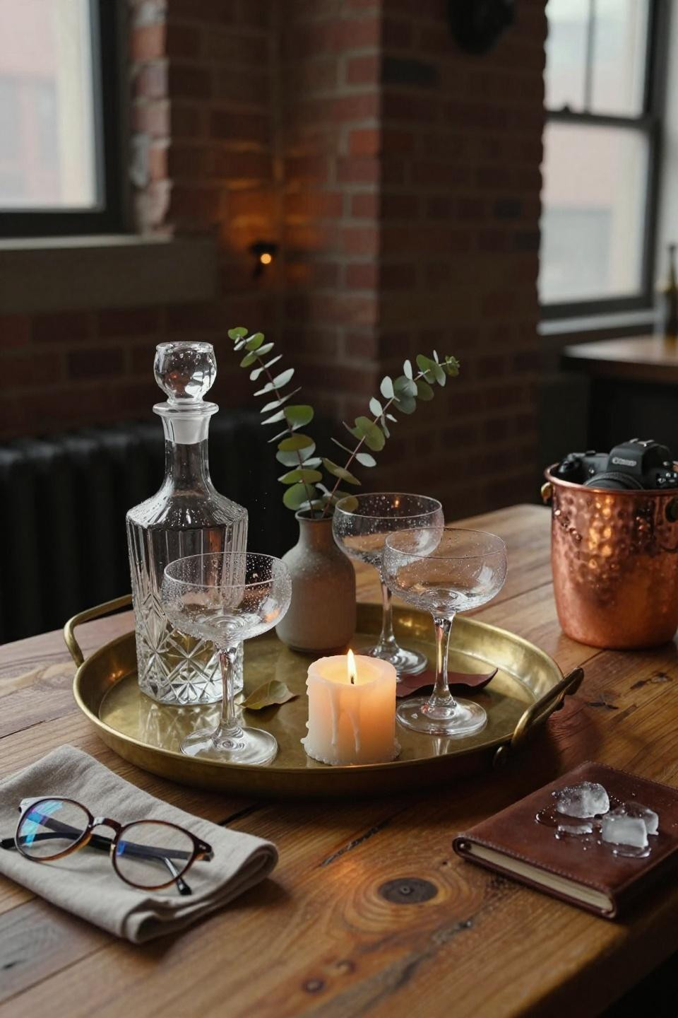 bar tray styling on reclaimed wood bar top with burnished brass rail and crystal baccarat decanter in industrial loft