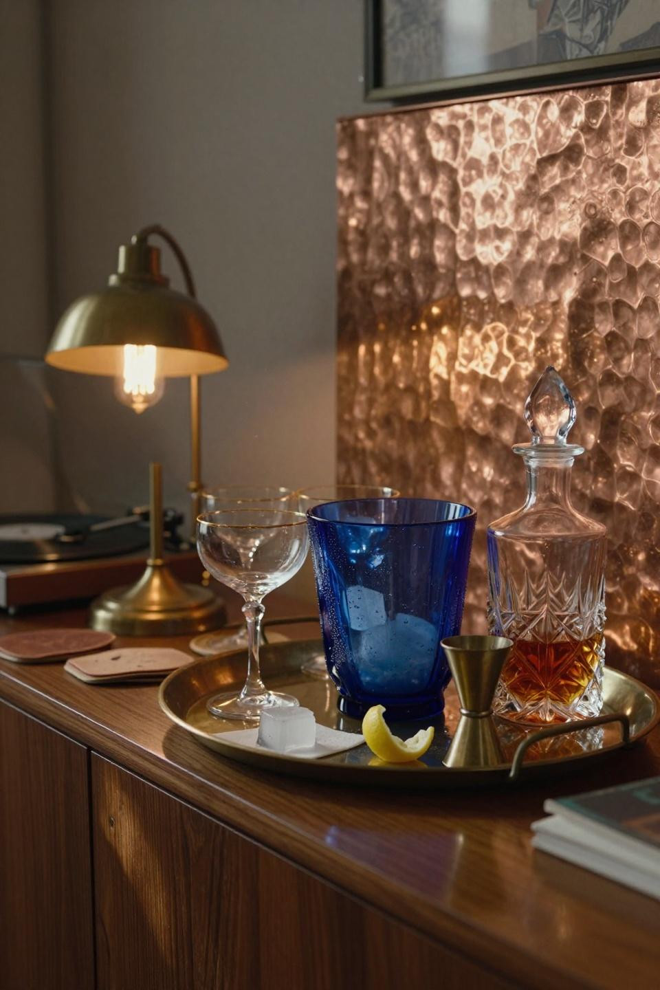 vintage bar tray with sculptural murano glass ice bucket and cut-crystal decanter on walnut mid-century credenza