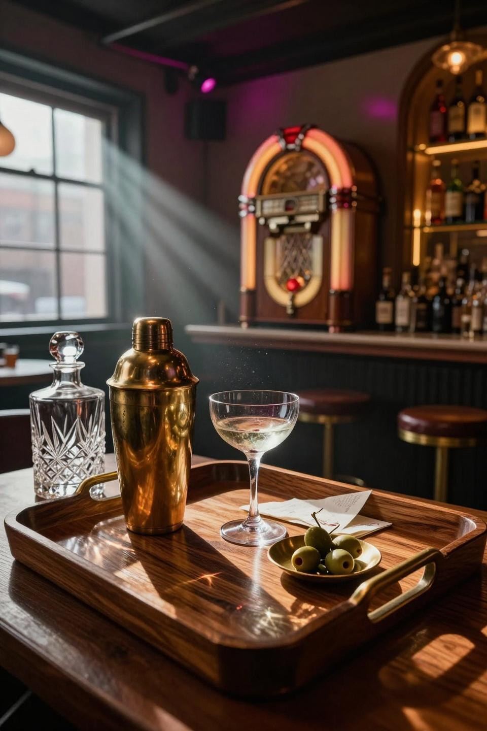 smoked oak bar tray in jazz loft corner with brass cocktail shaker vintage jukebox and neon cocktail sign glow