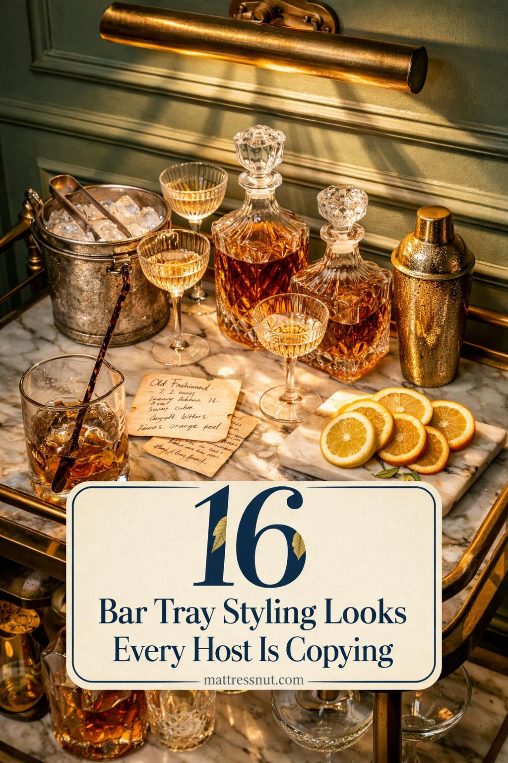 Elegant bar tray with brass handles displaying crystal decanters, cocktail glasses, gold accents, and fresh greenery