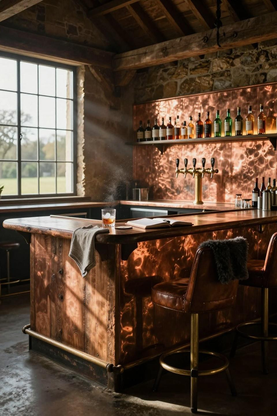 cotswolds barn speakeasy bar with reclaimed wood counter and copper backsplash under steel-framed windows