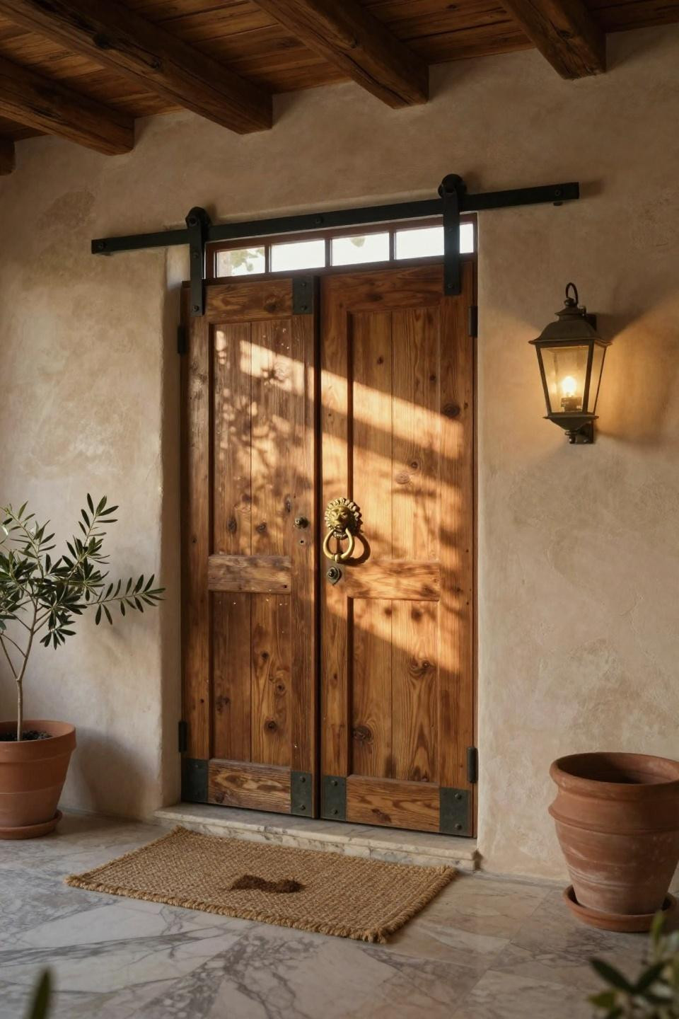 sliding barn door entrance in honey-toned reclaimed oak with vintage brass lion-head knocker and black steel hardware