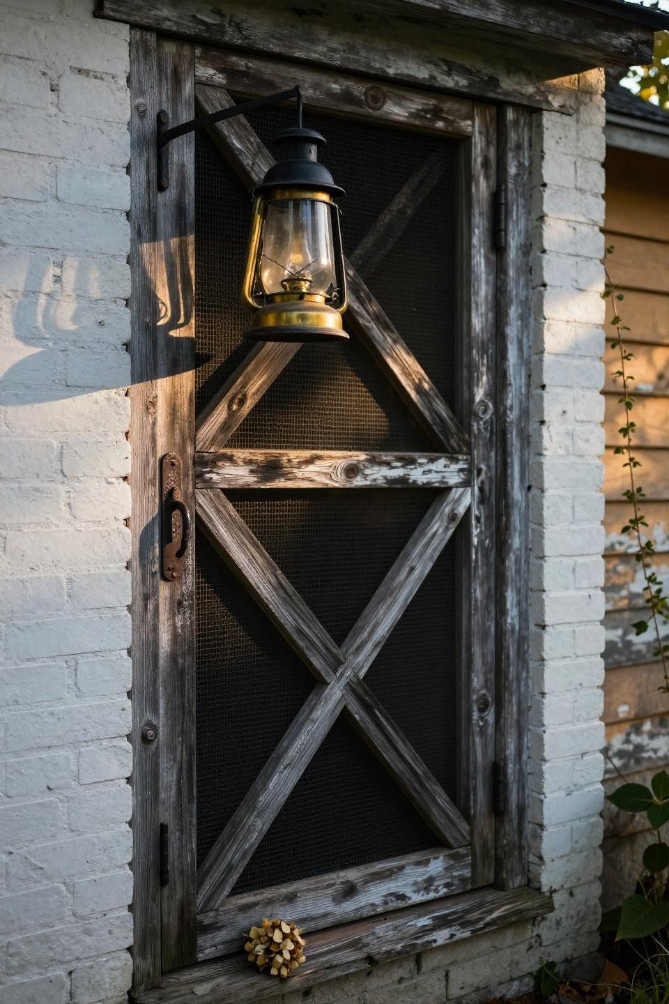 weathered wood farmhouse screen door with x-brace detailing and blackened brass coach lantern in restored vermont farmhouse