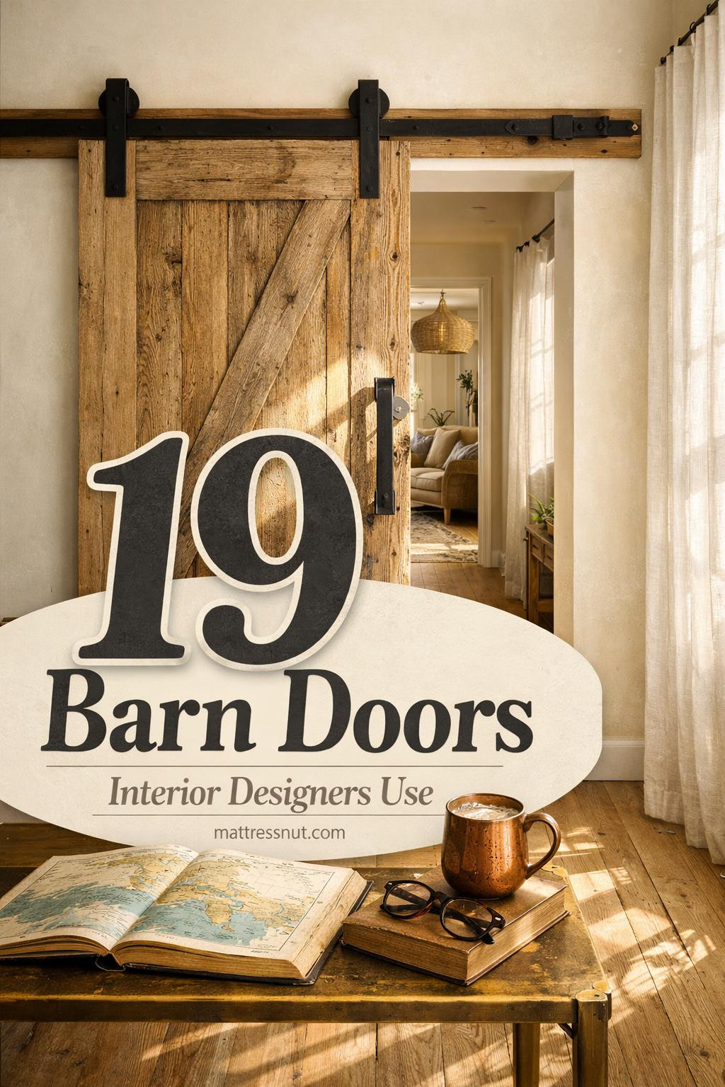 Rustic wooden barn door with black metal hardware mounted on interior wall featuring natural wood grain and track system