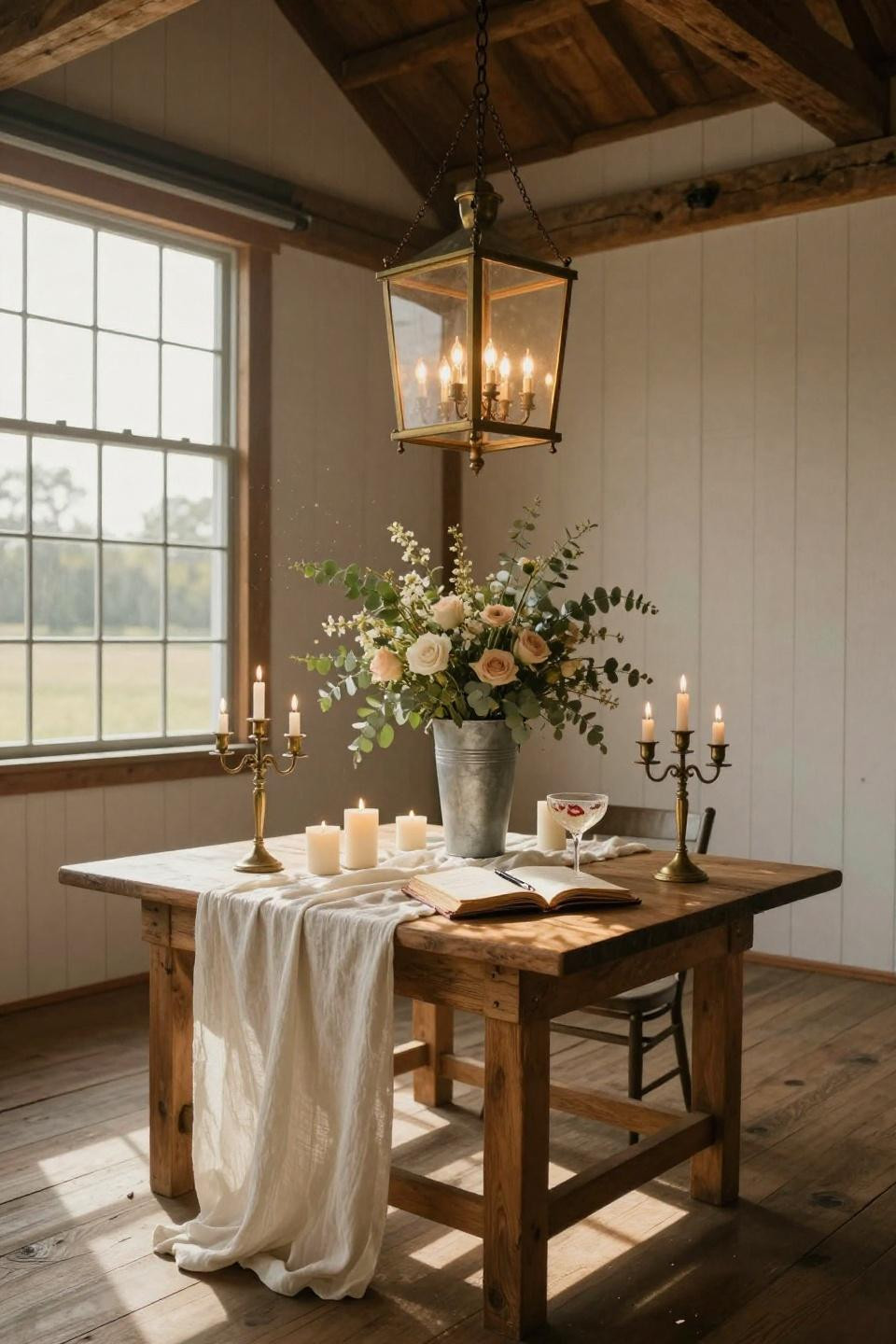 rustic wedding decor ideas with belgian linen runner and antique brass lantern chandelier in vermont timber-frame barn
