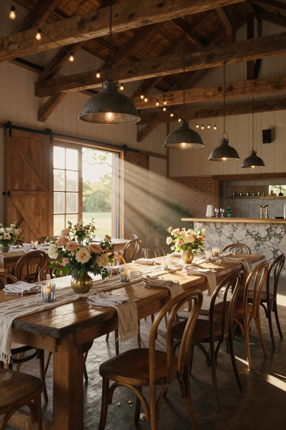 rustic chic wedding with hand-carved travertine bar and aged brass fixtures in restored hudson valley timber-frame barn