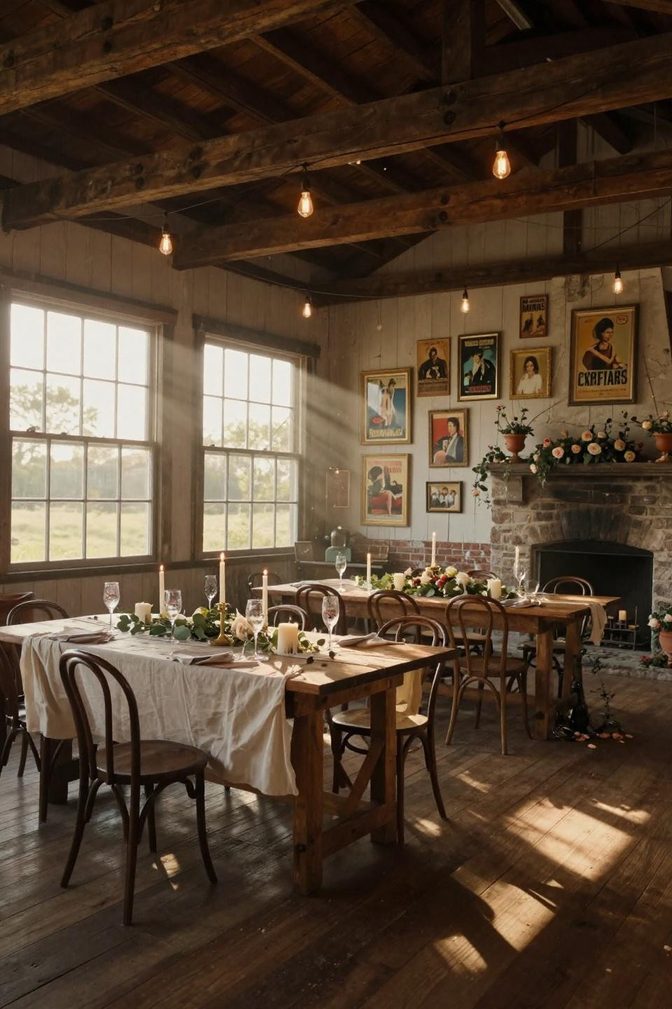 farmhouse wedding ideas with vintage movie poster gallery wall and reclaimed barn wood harvest tables in tennessee barn