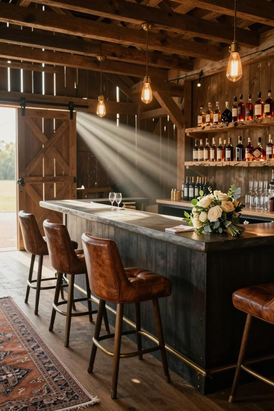 barn theme wedding with live-edge black walnut bar and honed charcoal concrete countertop in converted vermont dairy barn