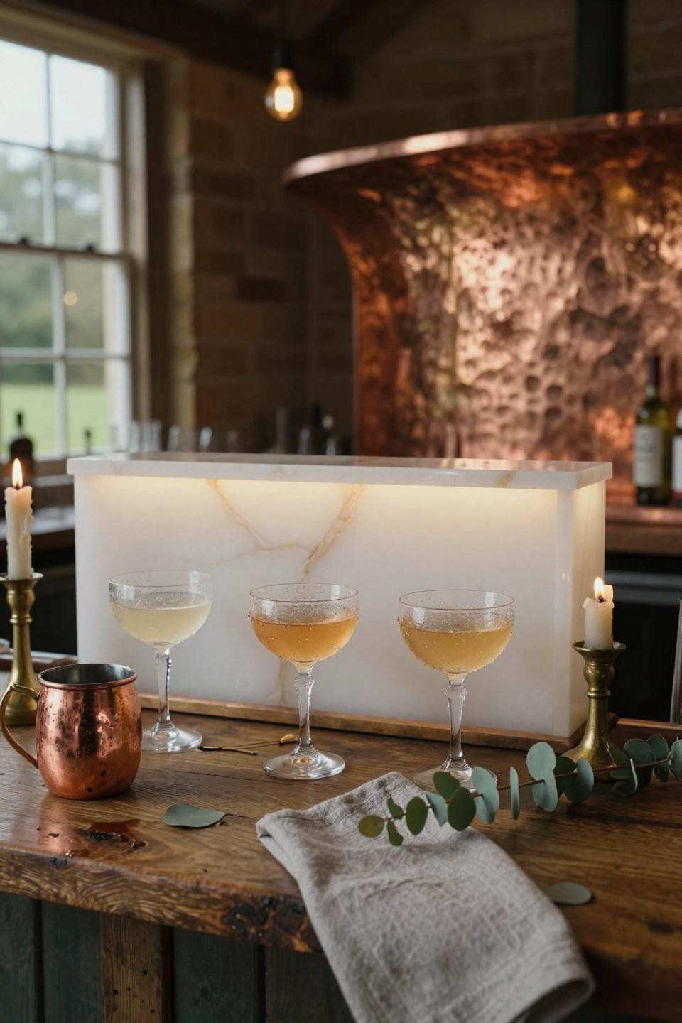 country rustic wedding ideas with backlit translucent white onyx bar panel and hand-hammered copper backsplash