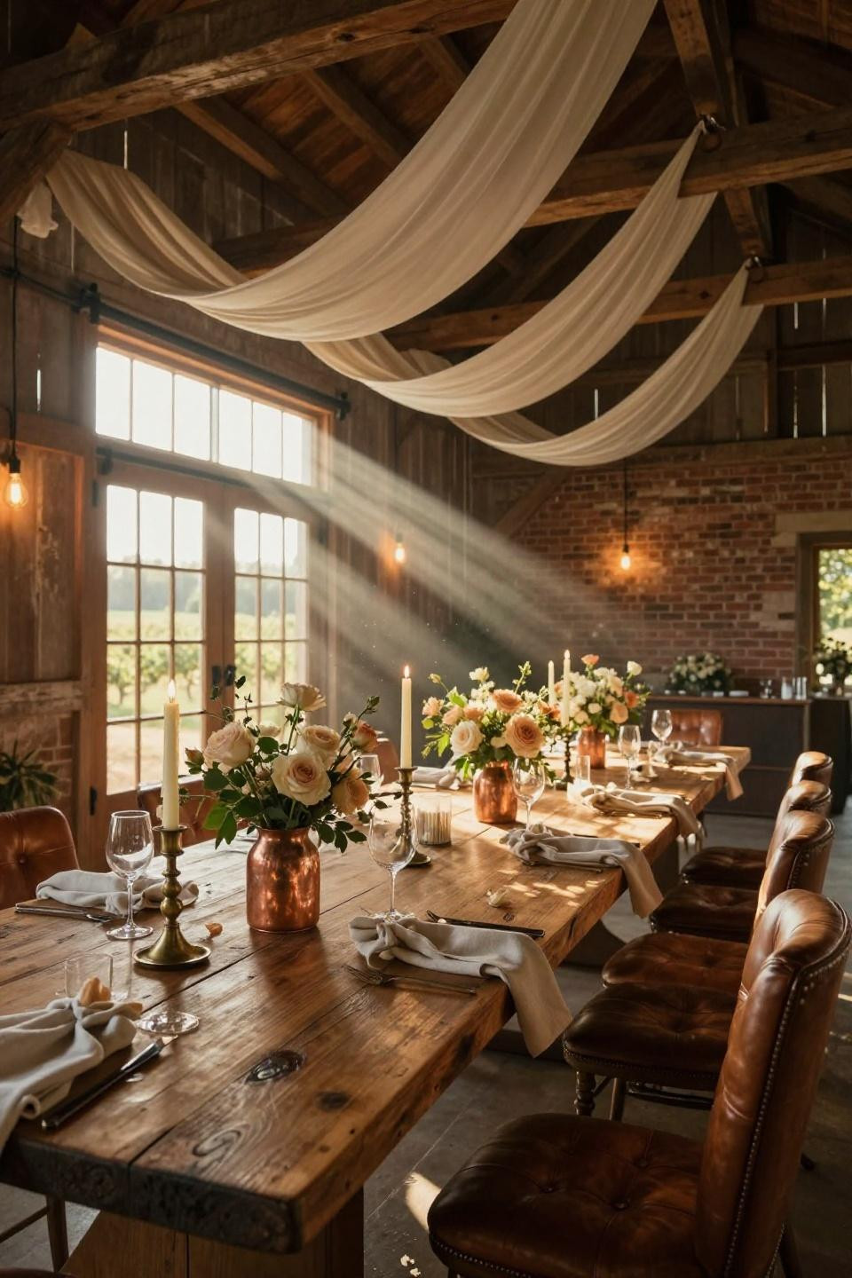 simple barn wedding with raw silk draping and reclaimed honey oak harvest table in napa valley tobacco barn