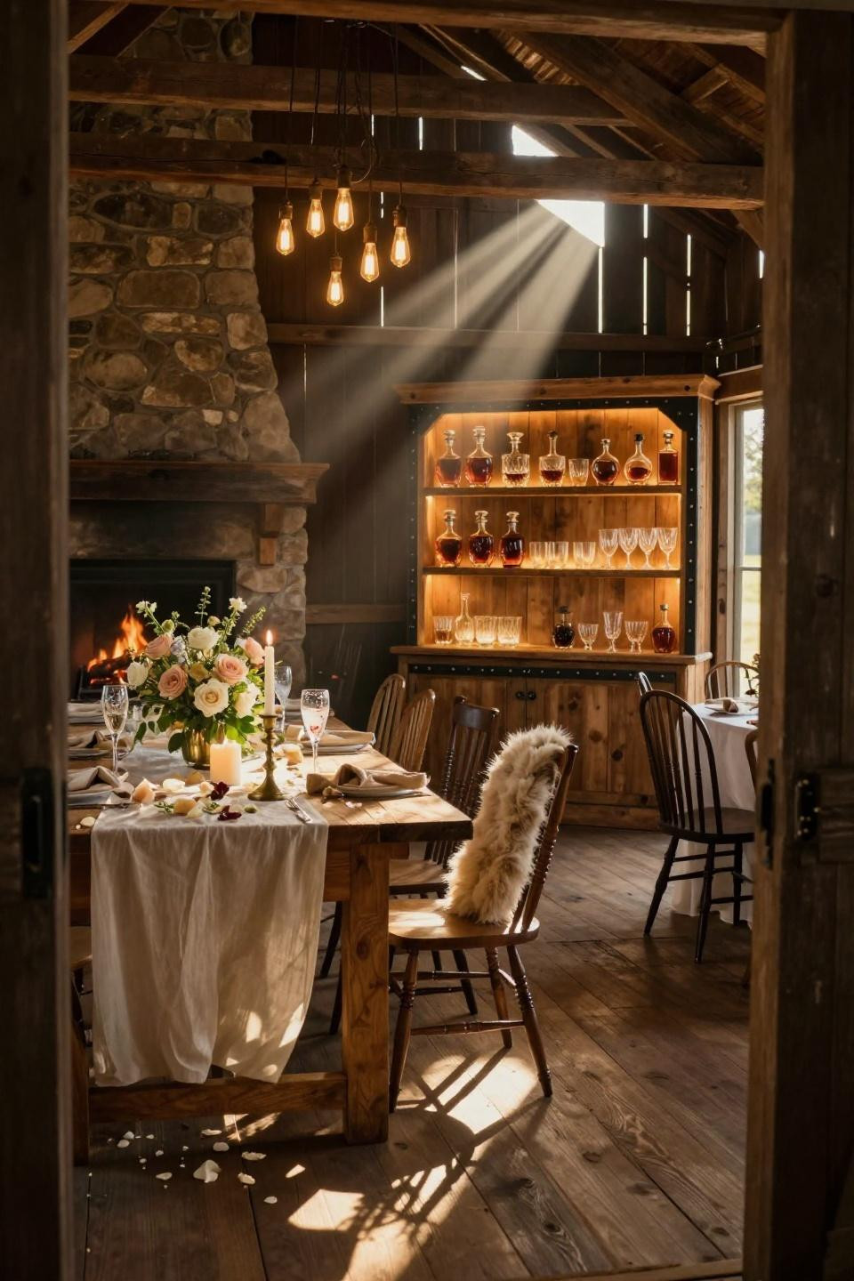 farm wedding decorations featuring reclaimed barn wood whiskey shelf with led backlighting in converted virginia tobacco barn