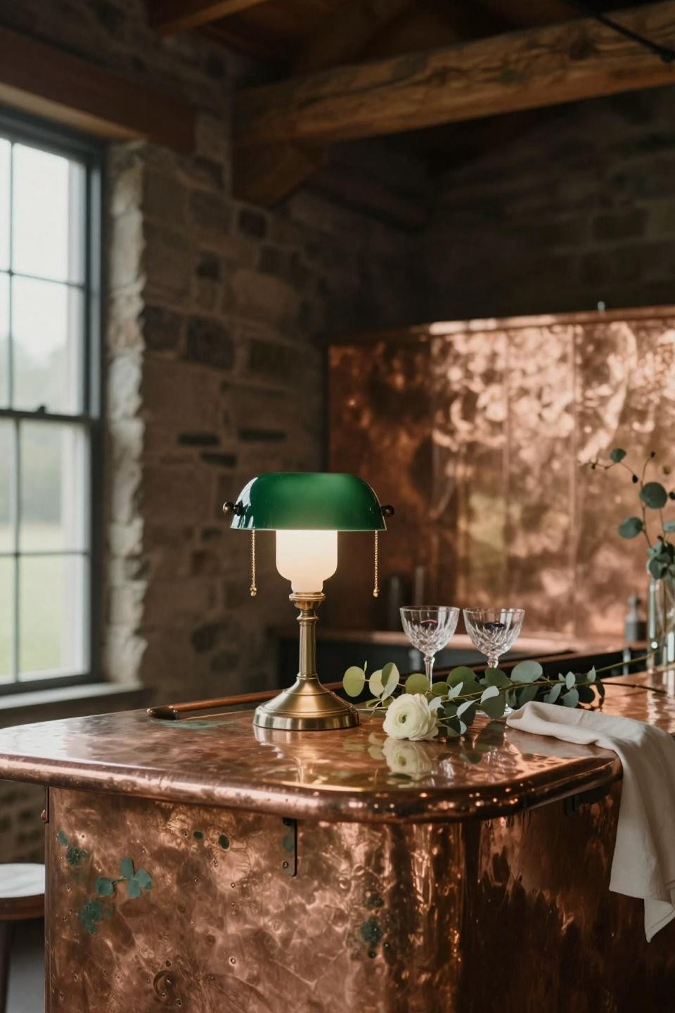 classy barn wedding with hand-hammered copper bar island and natural patina in pennsylvania stone barn venue