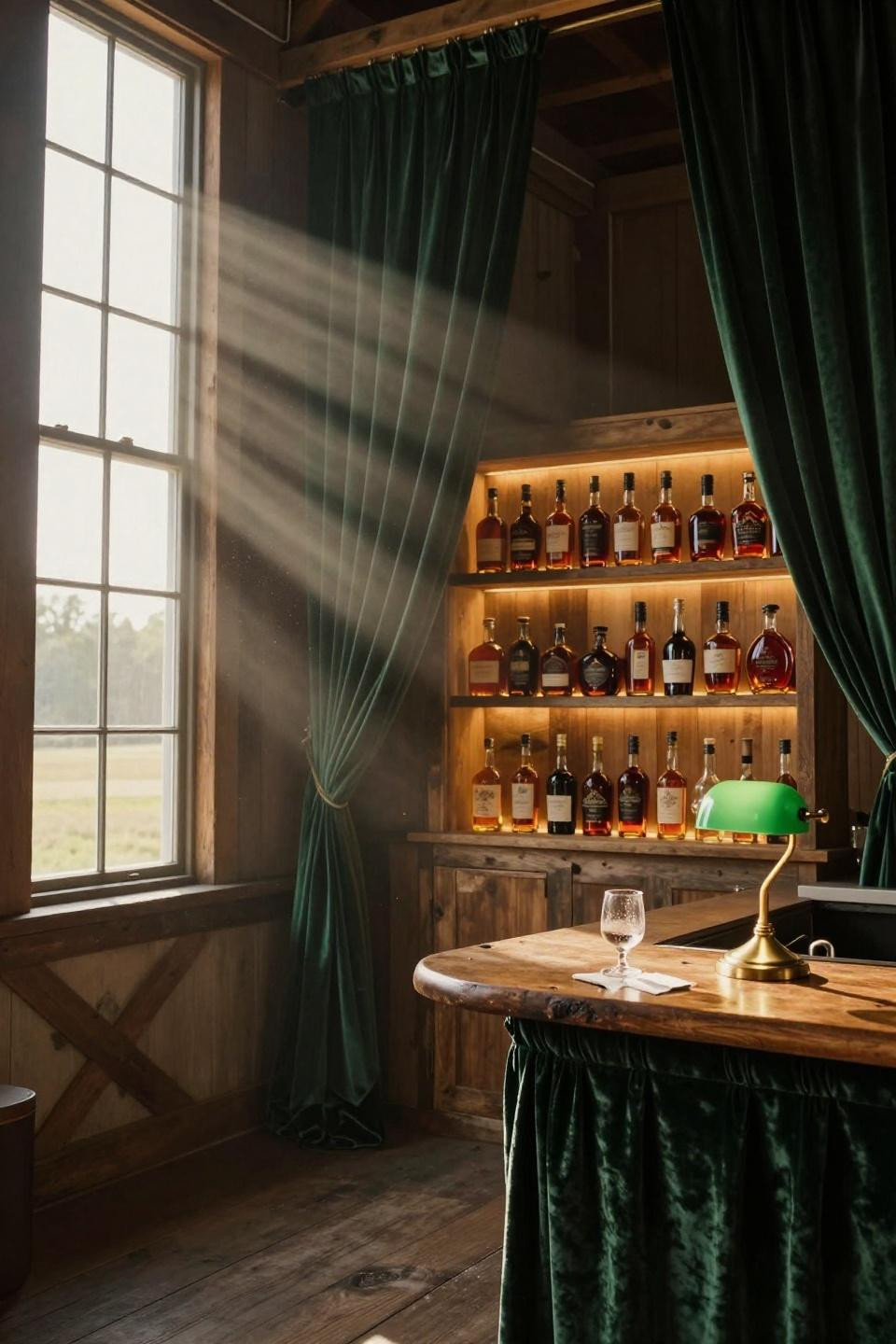 farmhouse wedding decor with bourbon bottle display and forest green velvet drapery in restored kentucky horse barn