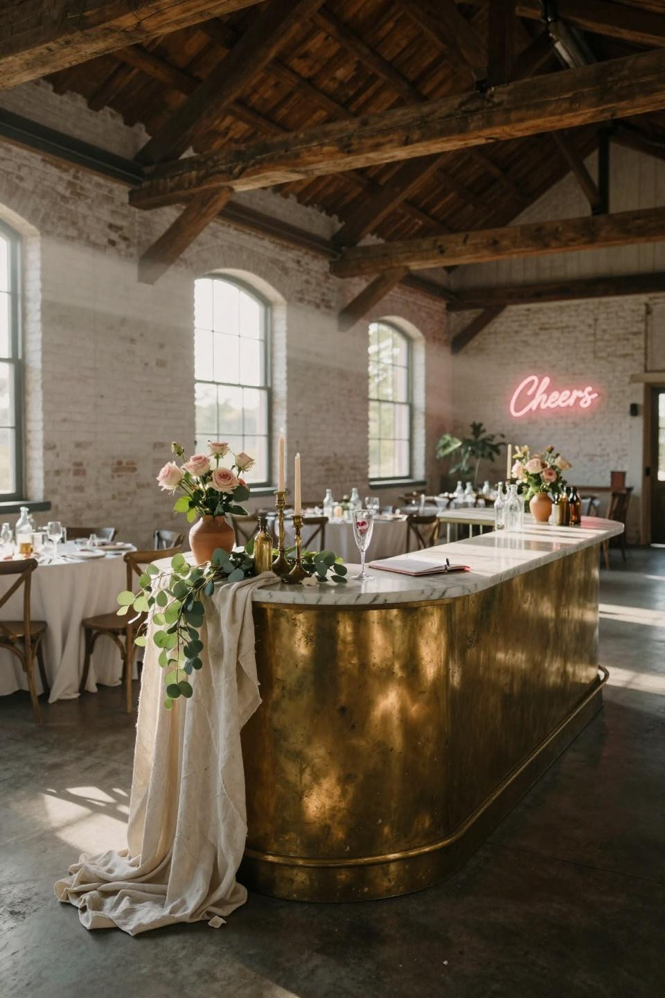 barn wedding decorations with unlacquered brass art deco bar and honed carrara marble countertop in converted swedish dairy barn