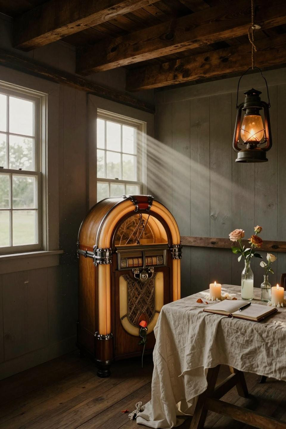 barn style wedding with weathered oak jukebox and hand-forged iron lantern in converted vermont barn venue corner