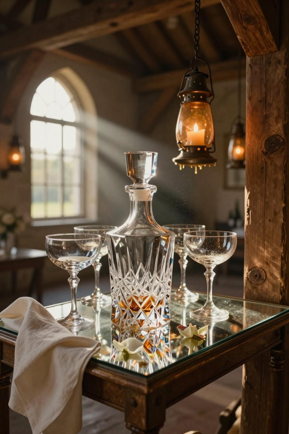 farmhouse wedding ideas with 1920s baccarat crystal decanter and antique silvered mirror in french stone barn venue