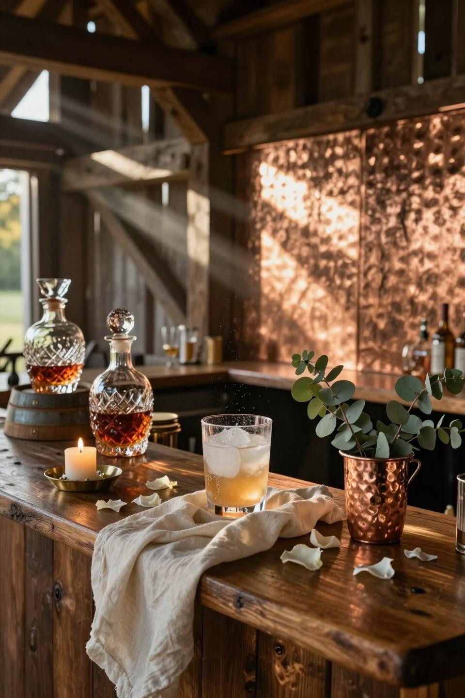 barn theme wedding with backlit translucent honey-onyx bar panel and hammered copper julep cups in vermont timber-frame barn