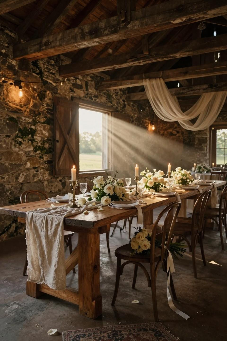 farm wedding decorations with exposed limestone walls and raw linen table runners in converted hudson valley stone barn