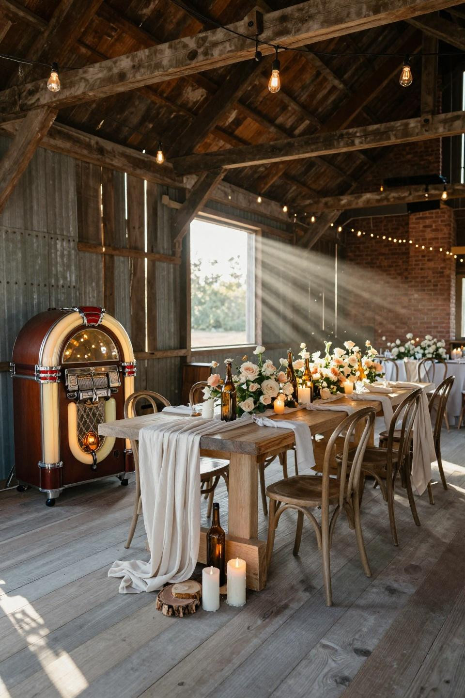 classy barn wedding with mint-condition 1946 wurlitzer jukebox and rough-sawn white oak harvest table in kentucky tobacco barn
