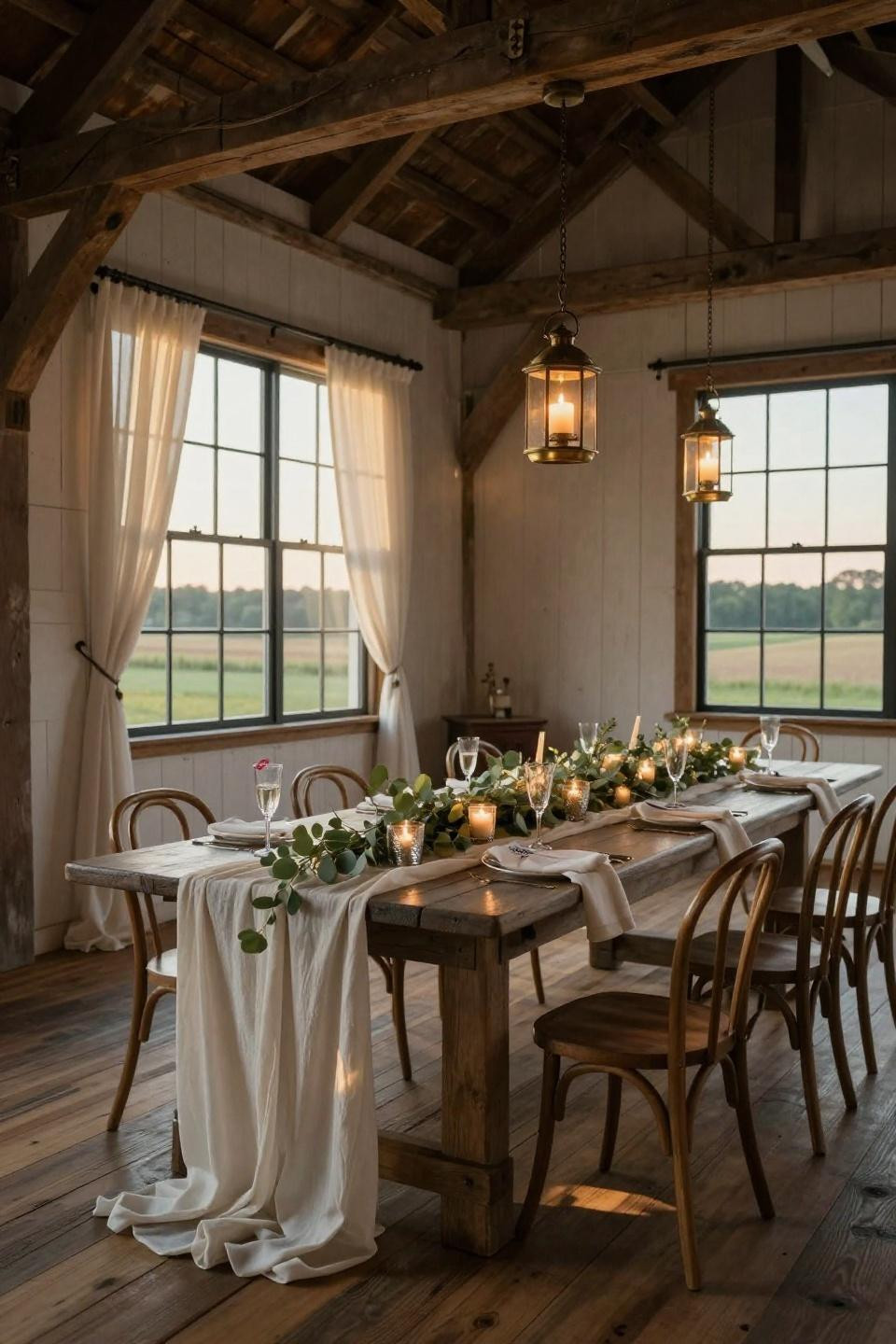 rustic wedding decor ideas with mercury glass votives and gauzy linen runner on weathered oak table in connecticut tobacco barn