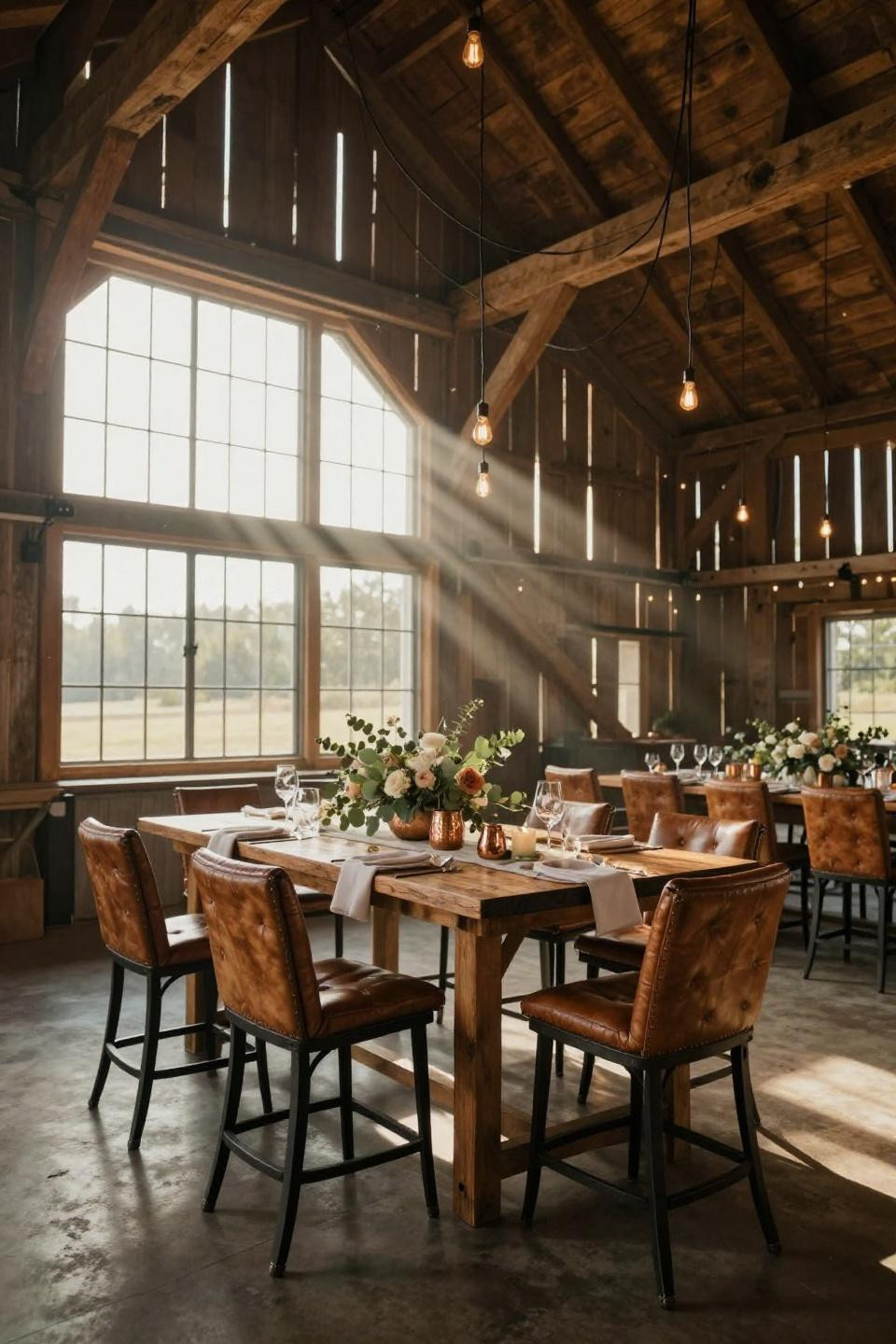 farmhouse wedding decor with tufted cognac leather bar stools and reclaimed barnwood harvest table in vermont timber-frame barn