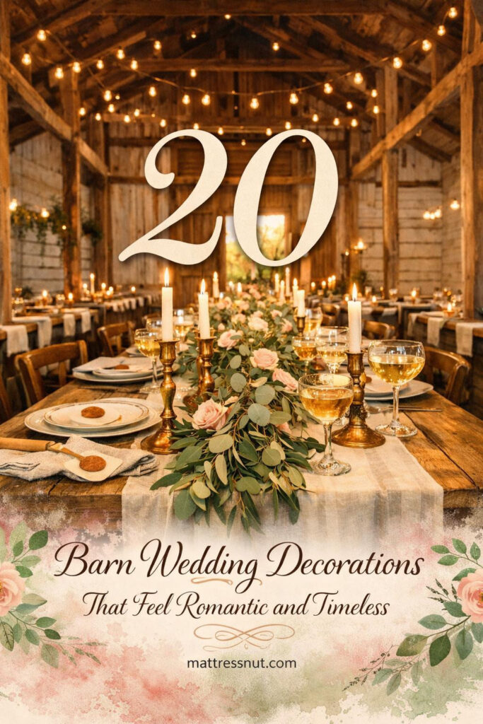 Rustic barn venue decorated with string lights, wooden tables, wildflower centerpieces, and vintage lanterns creating romantic atmosphere