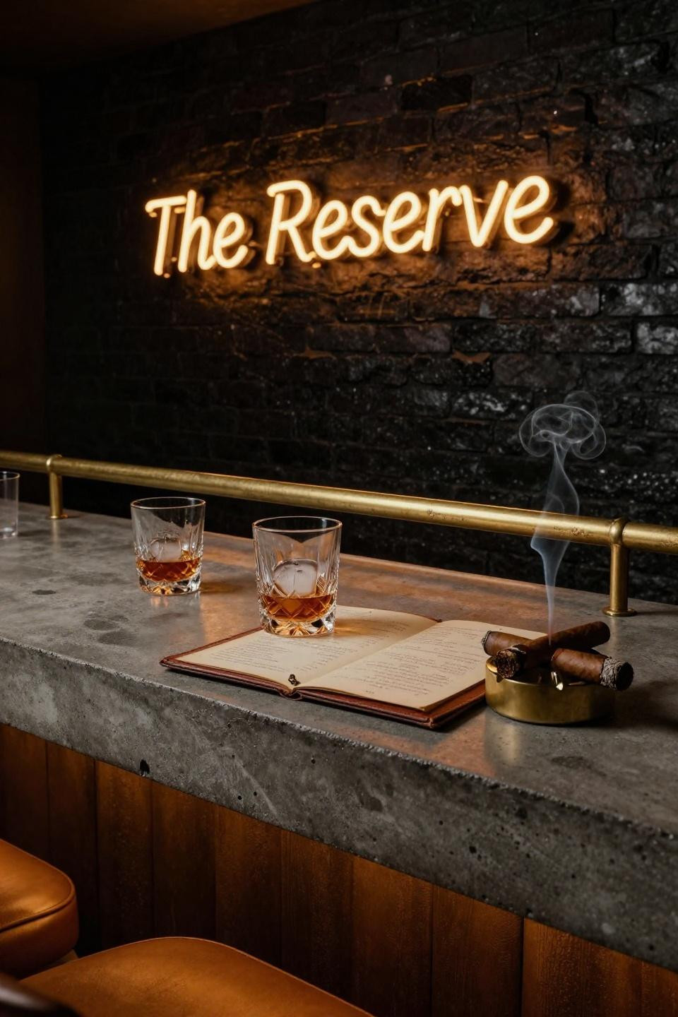 Basement Speakeasy Ideas - amber neon sign against charcoal brick