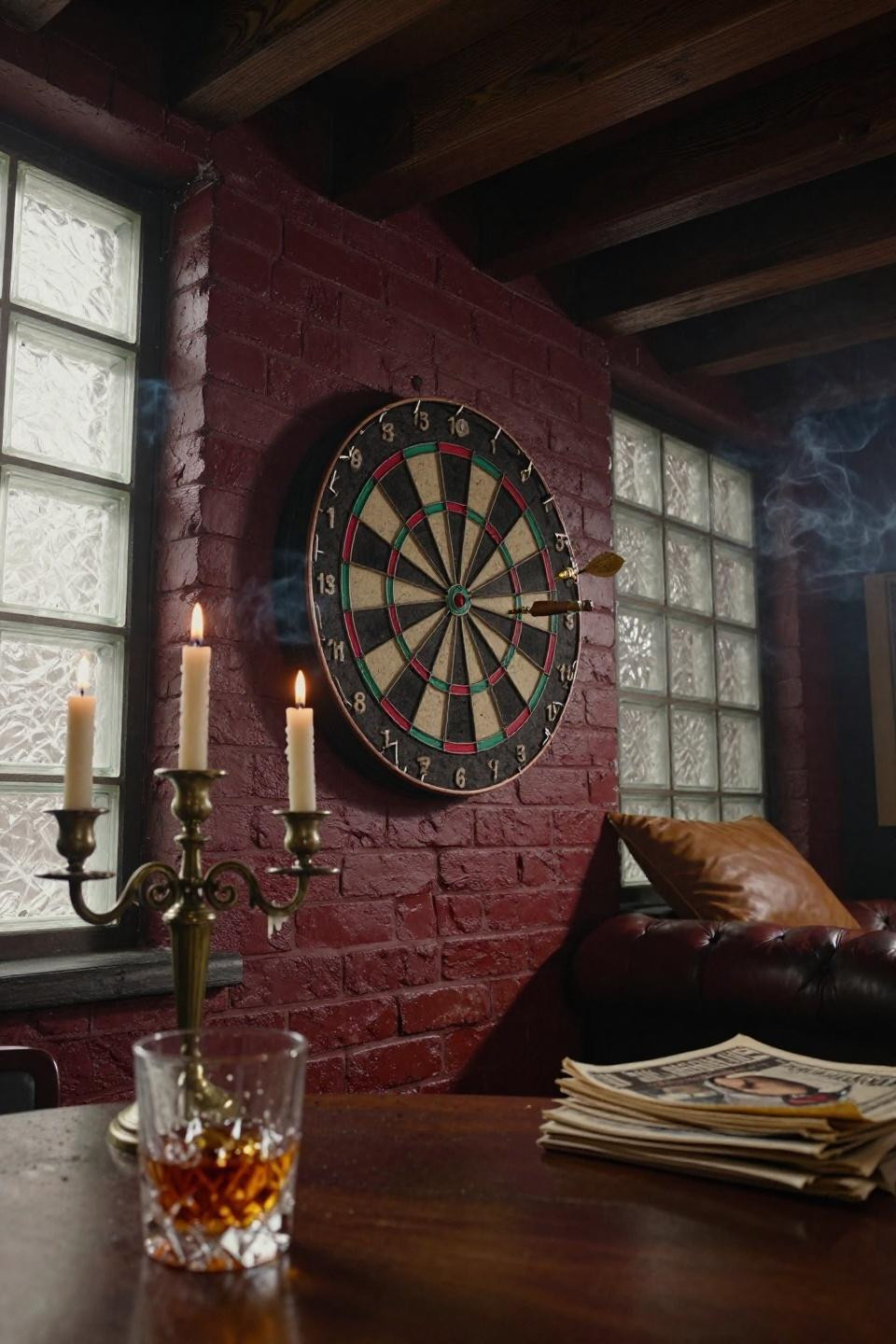 Basement Speakeasy Ideas - dartboard on oxblood brick wall