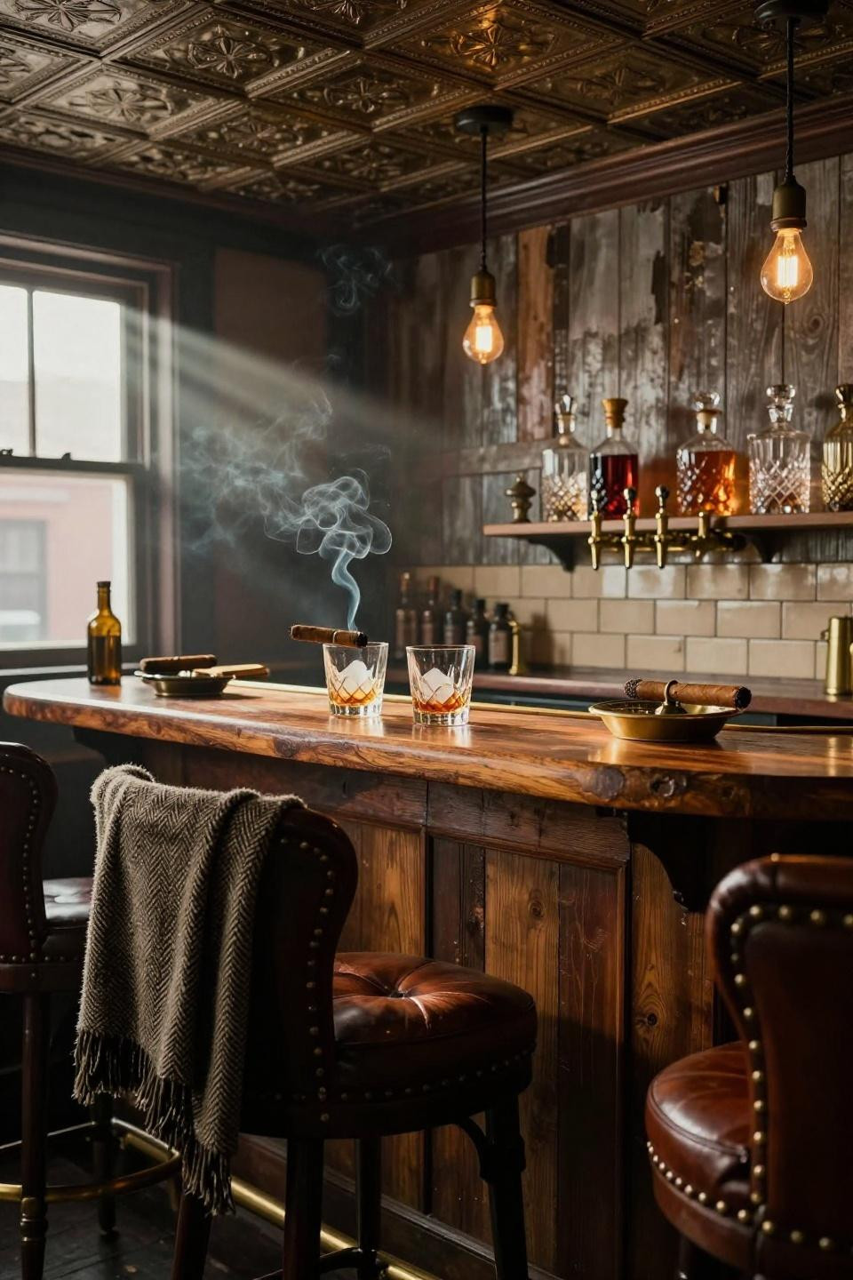 Basement Speakeasy Ideas - pressed tin ceiling with Edison bulbs