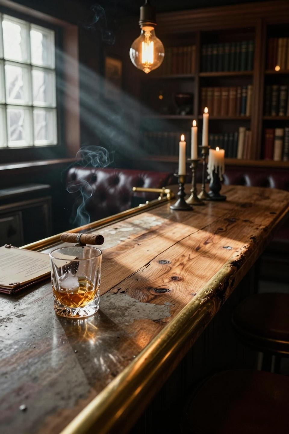 Basement Speakeasy Ideas - reclaimed oak bar with brass rail detail