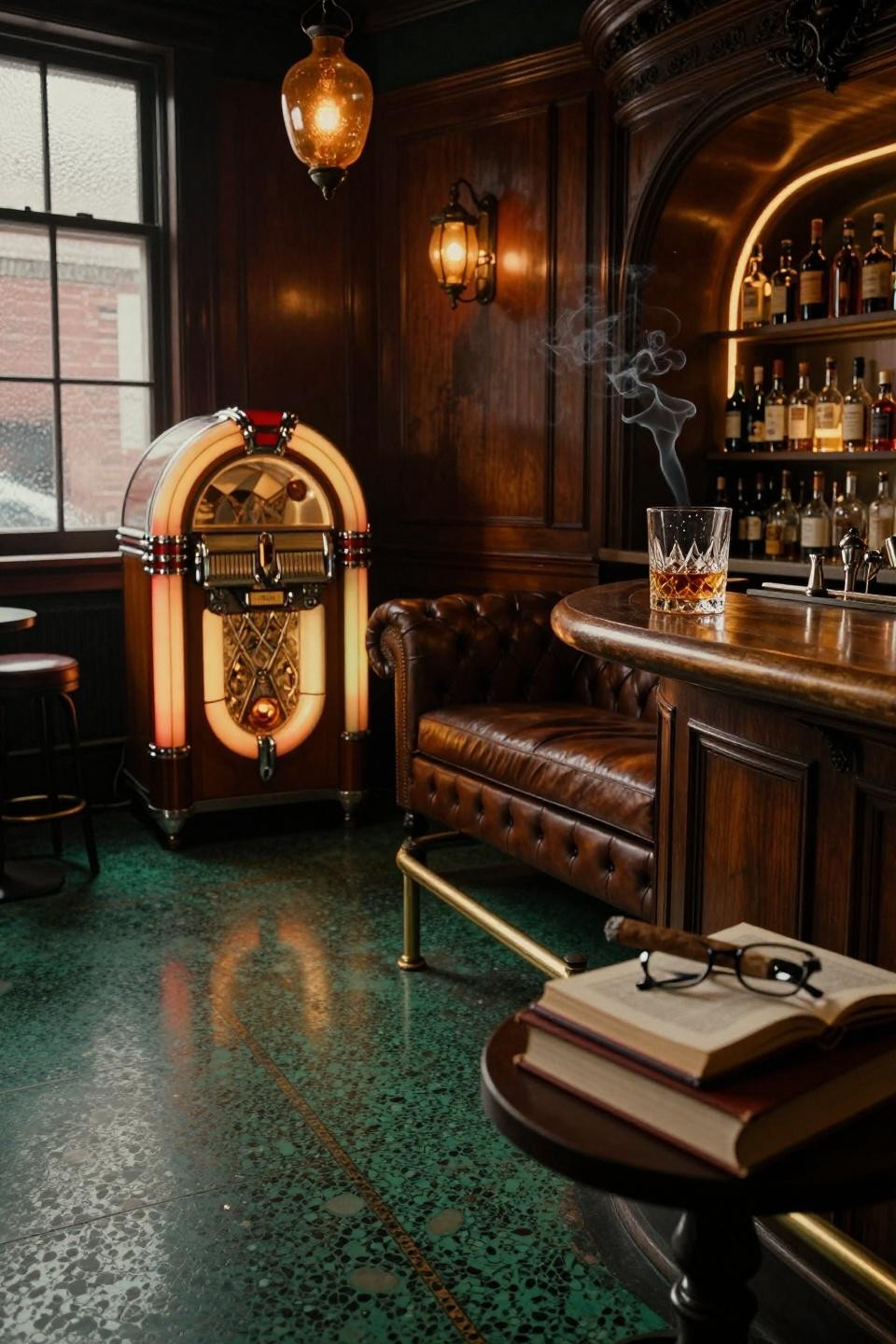 Basement Speakeasy Ideas - emerald terrazzo floor with brass inlay