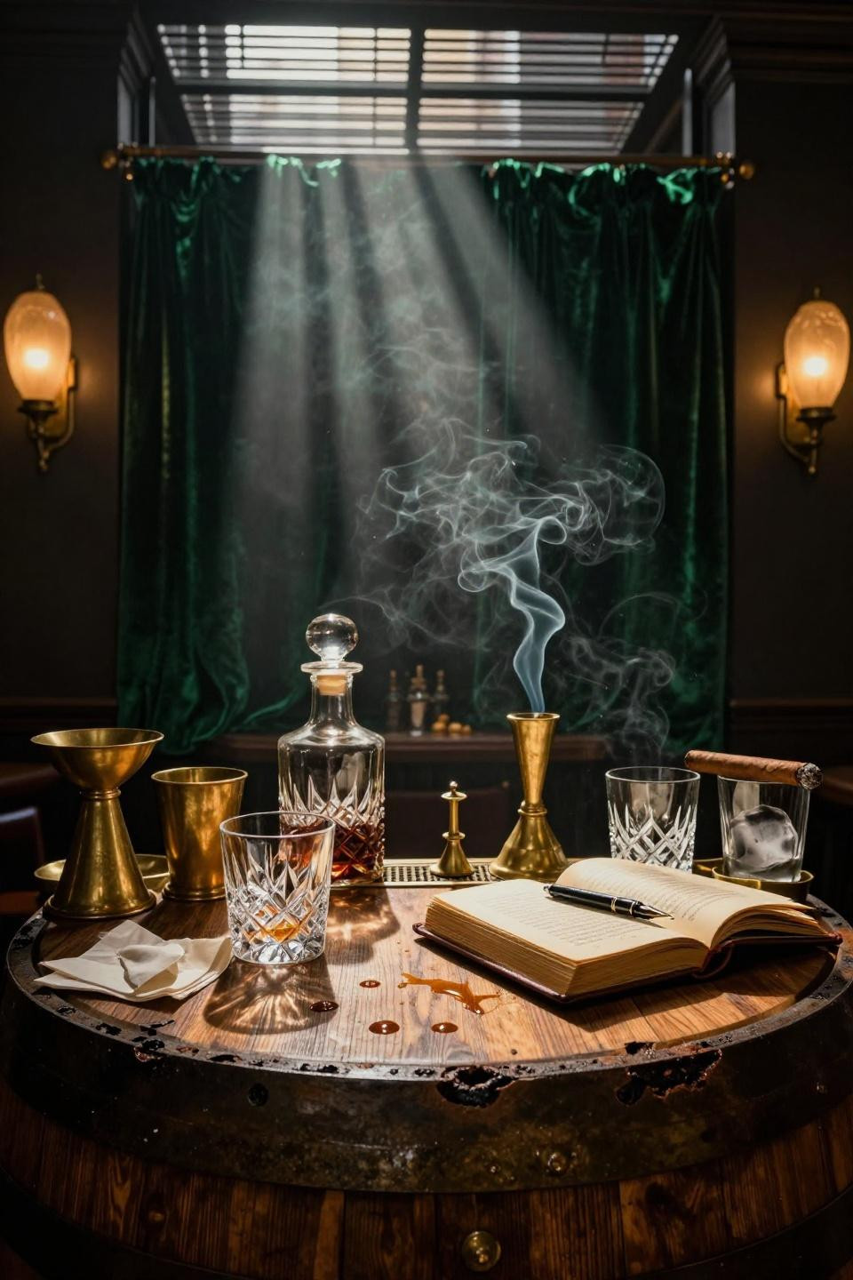 Basement Speakeasy Ideas - barrel-aged cocktail station with brass tools