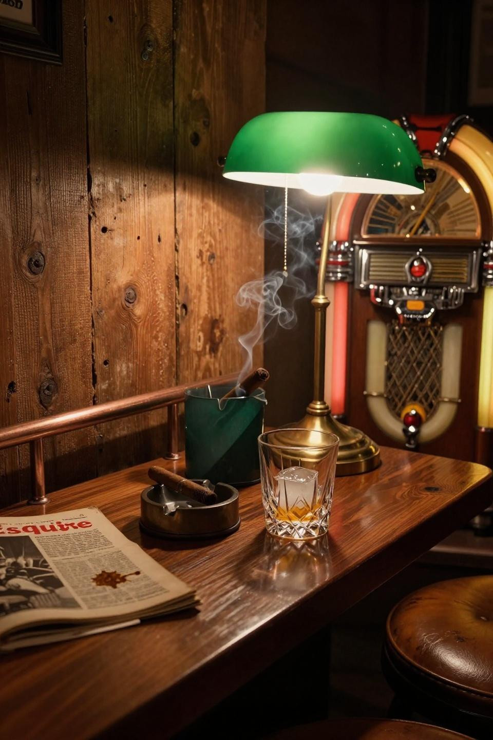 Basement Speakeasy Ideas - emerald banker lamp on reclaimed wood bar