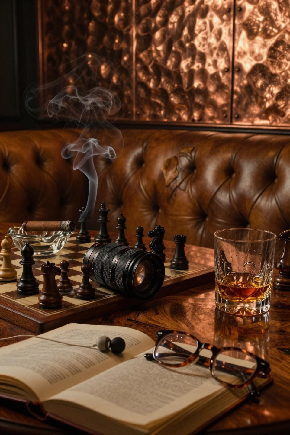 Basement Speakeasy Ideas - hammered copper wall panels with fireplace glow