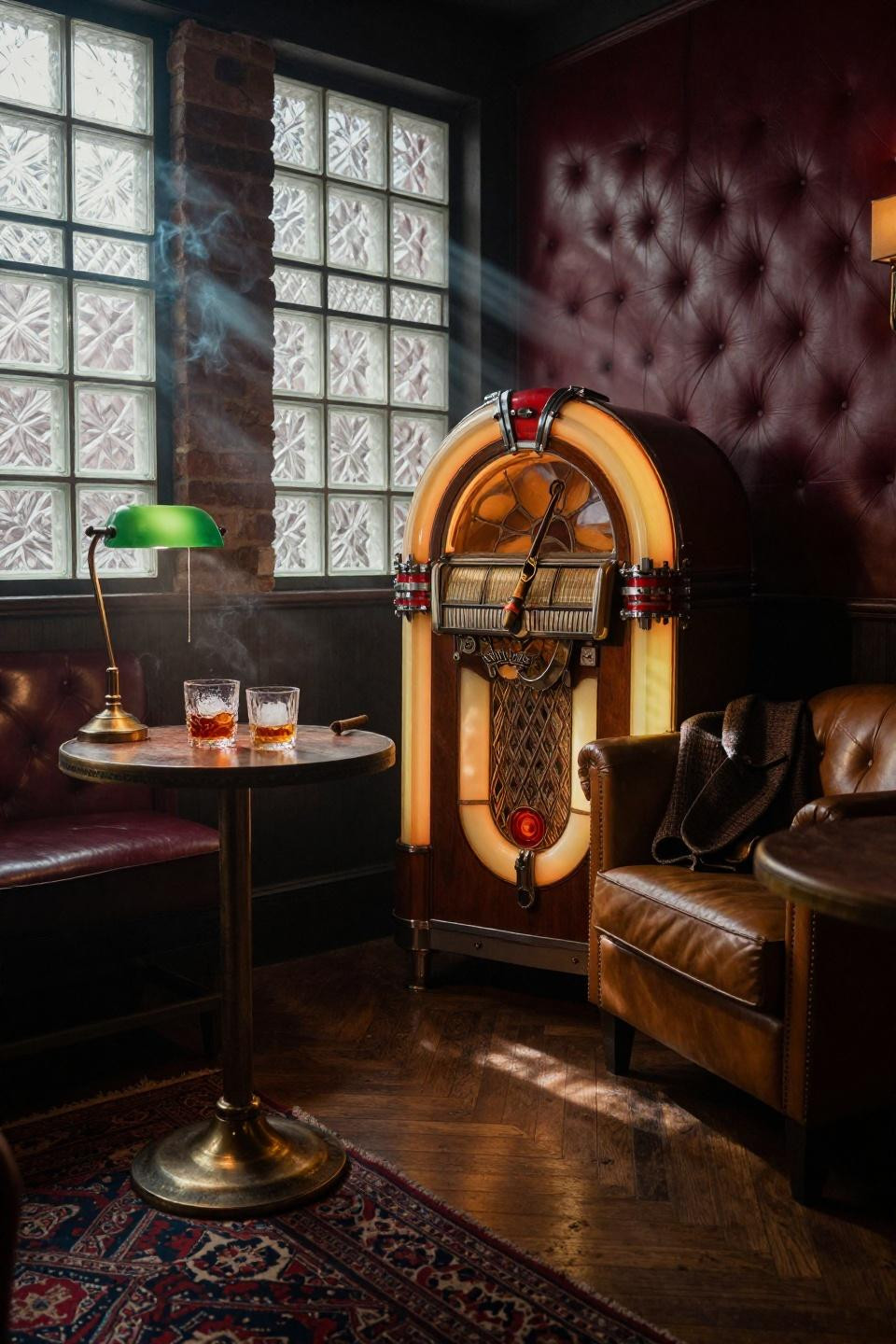Basement Speakeasy Ideas - vintage Wurlitzer jukebox in speakeasy corner