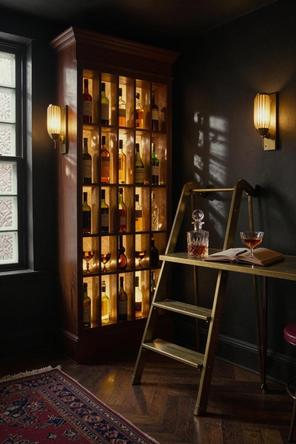 Basement Speakeasy Ideas - Art Deco wine cellar with brass rolling ladder