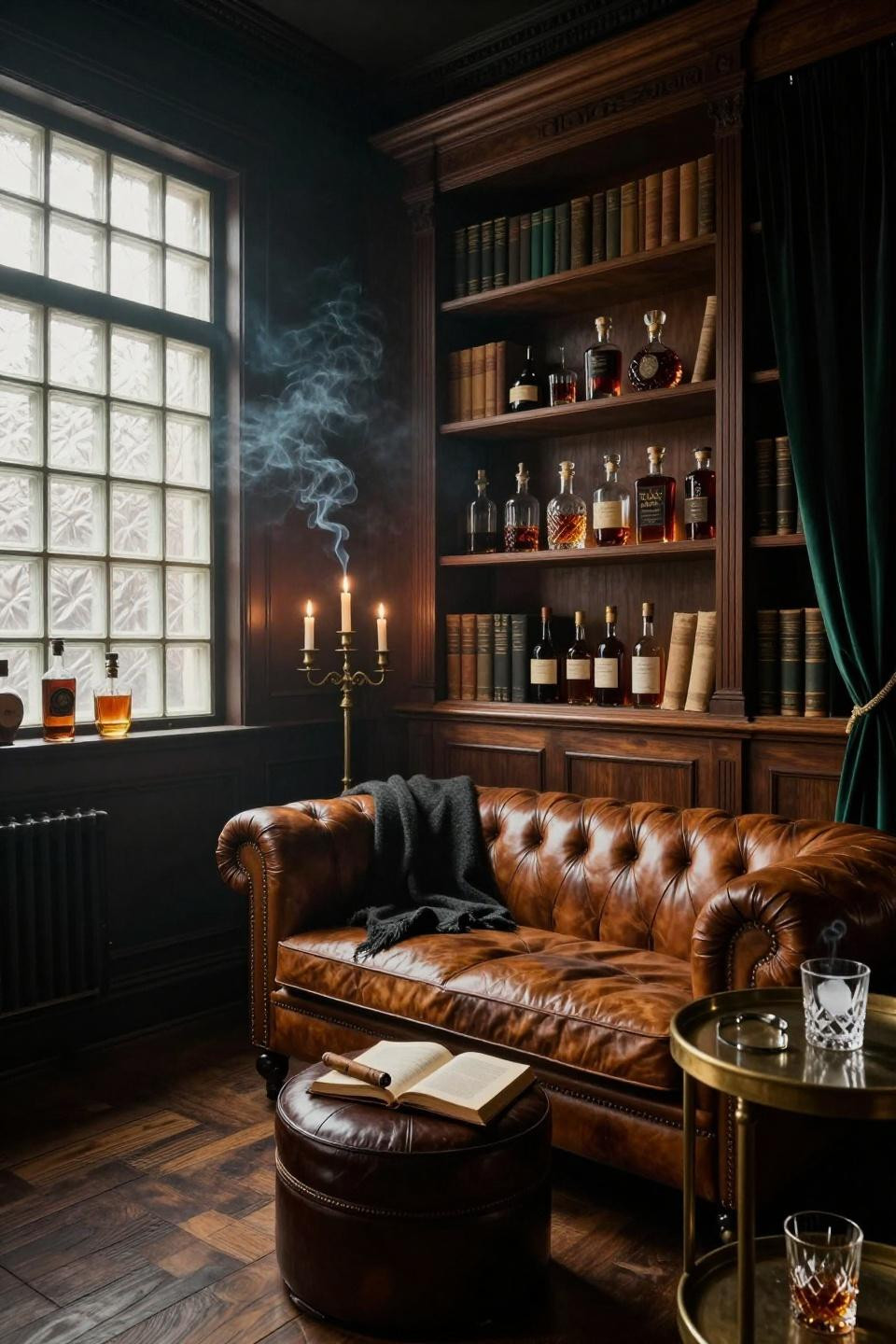 Basement Speakeasy Ideas - dark walnut paneling with brass bar cart