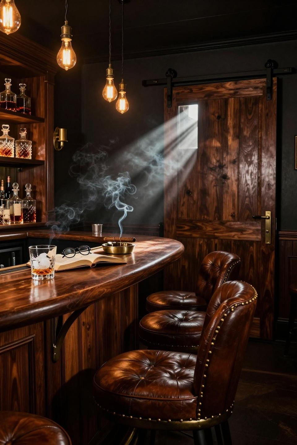 Basement Speakeasy Ideas - moody speakeasy with smoked glass panels