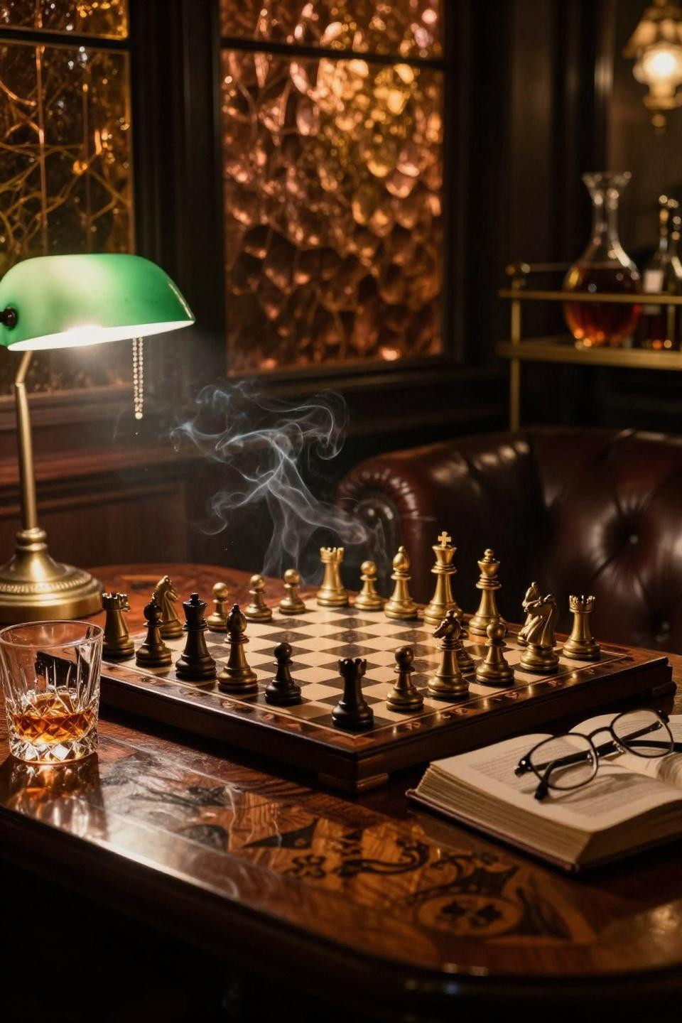 Basement Speakeasy Ideas - brass chess set on walnut table with copper walls