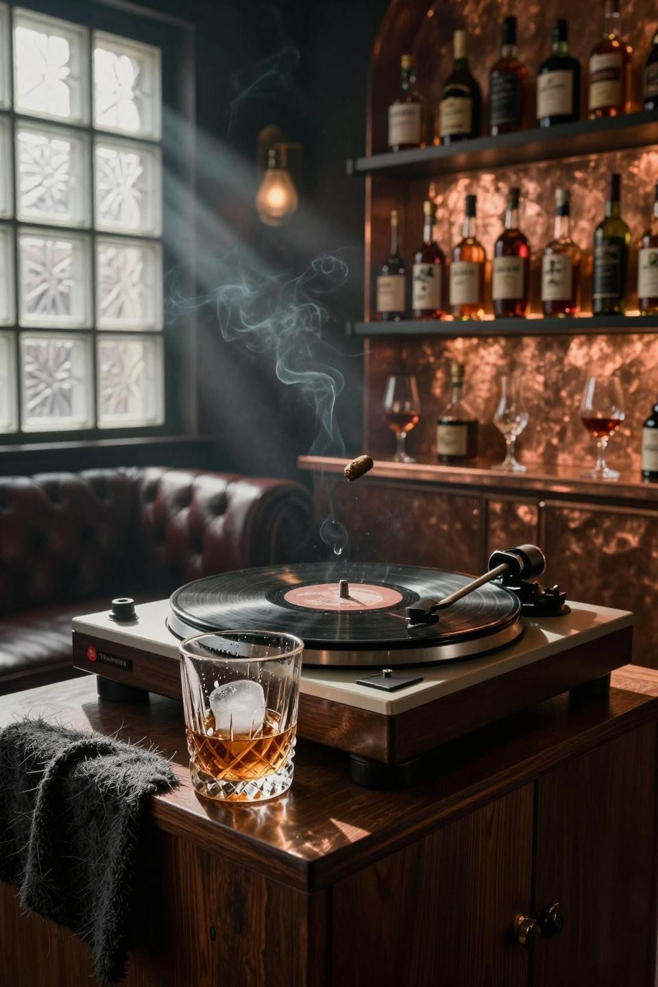 Basement Speakeasy Ideas - 1950s Thorens turntable with copper backsplash