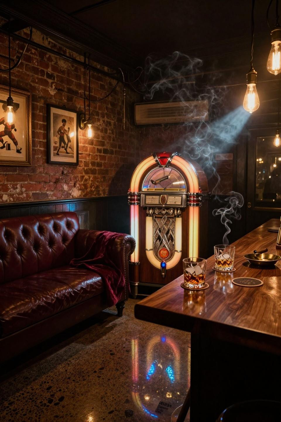 Basement Speakeasy Ideas - neon sign reflecting on terrazzo floor