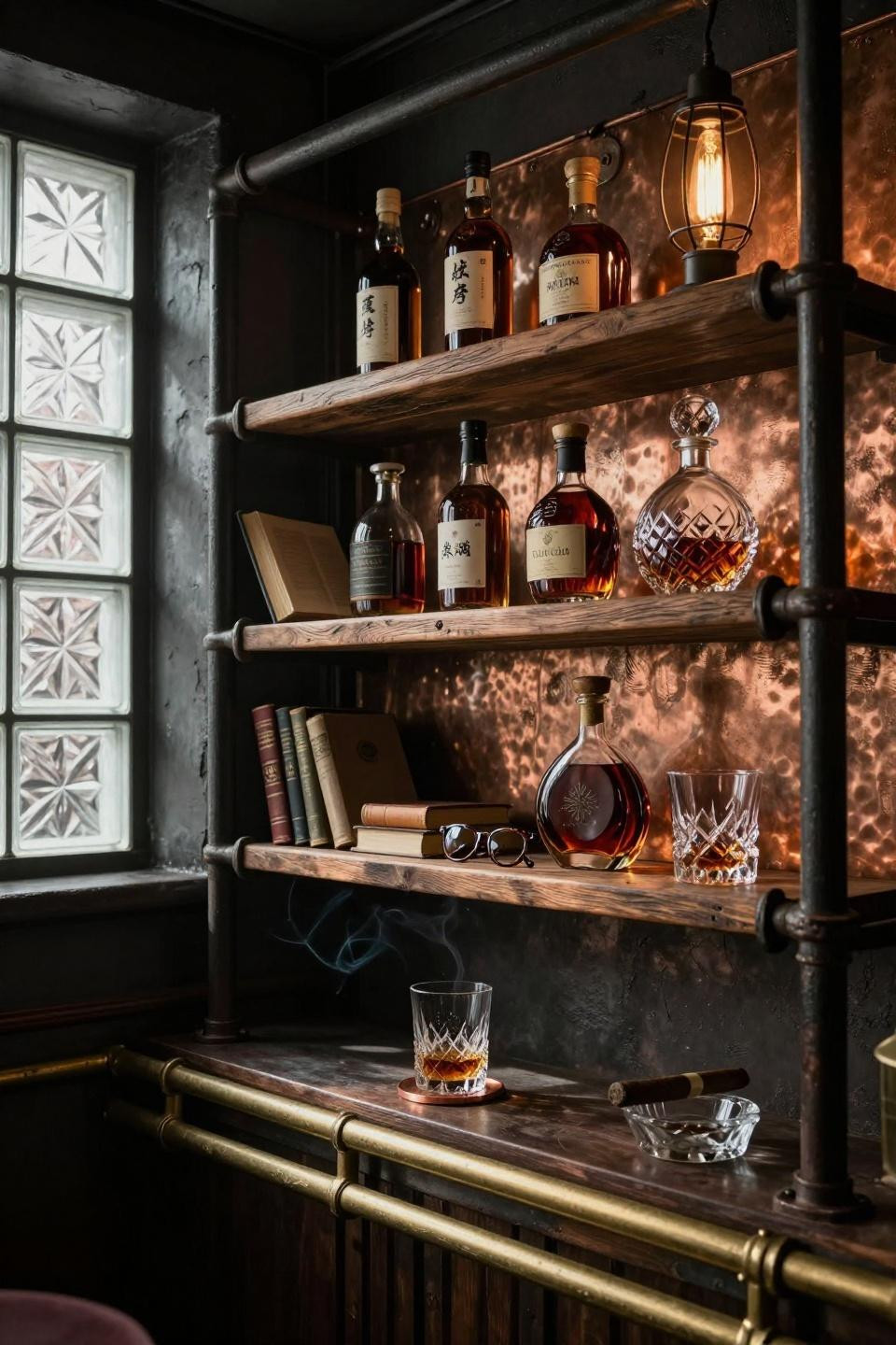 Basement Speakeasy Ideas - black iron pipe shelving with copper backing