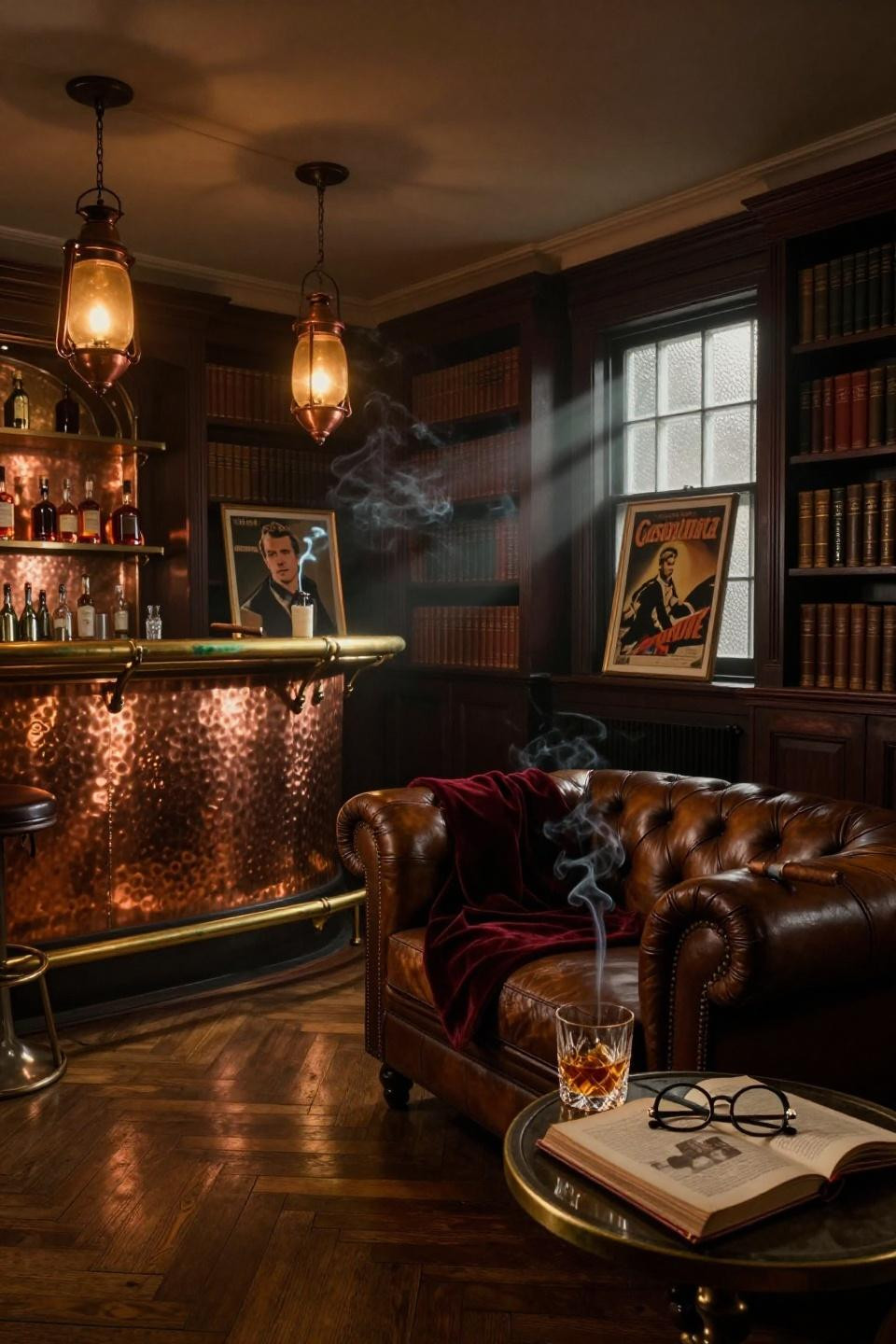 Basement Speakeasy Ideas - hammered copper backsplash with lantern light