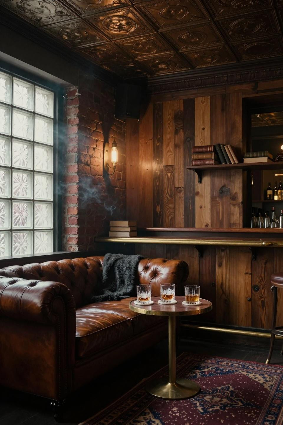 Basement Speakeasy Ideas - pressed tin ceiling with cognac leather seating
