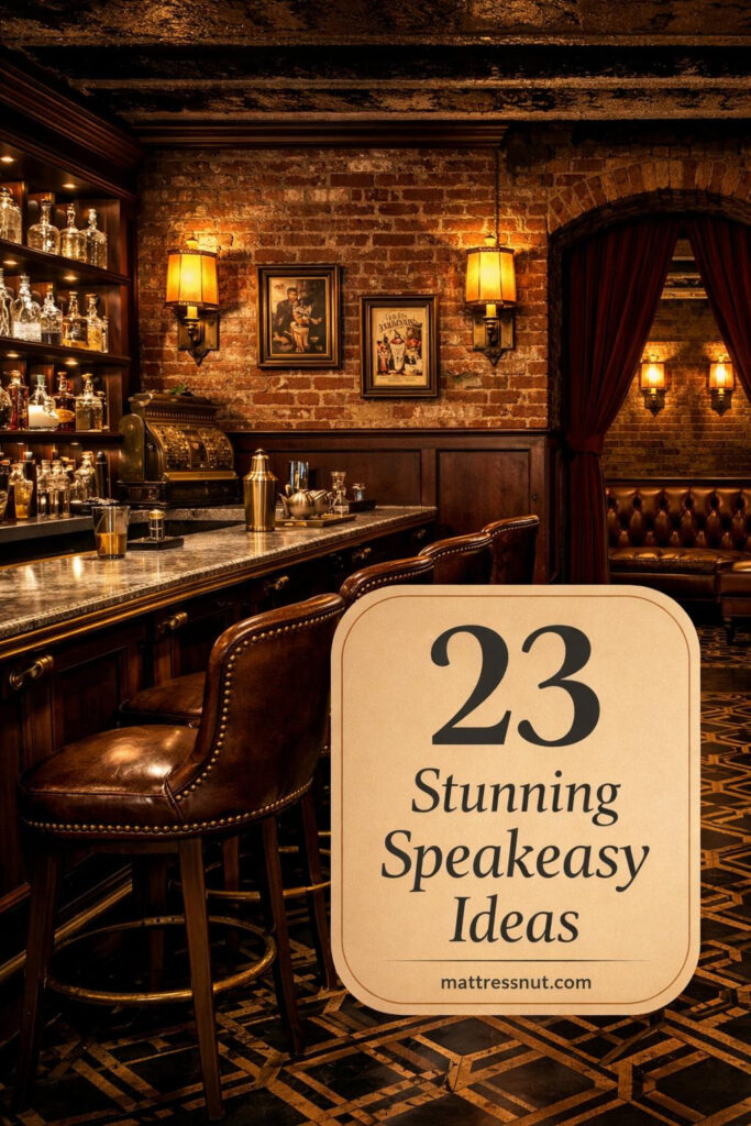 Dark basement bar featuring leather seating, exposed brick walls, dim Edison lighting, and vintage whiskey bottles