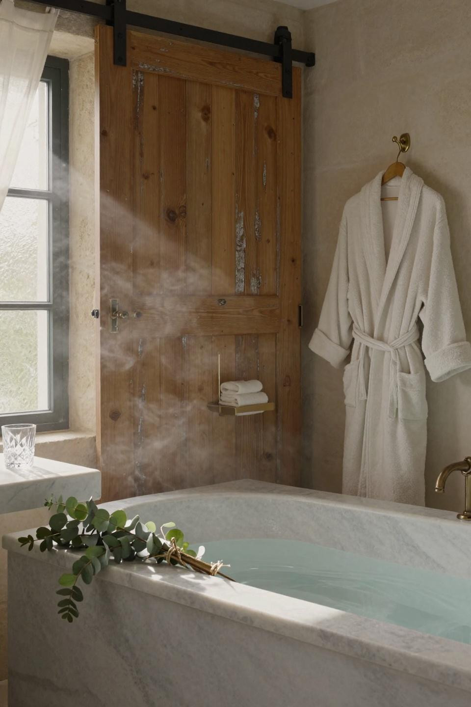 refined bathroom with reclaimed oak barn door in silvered grain and unlacquered brass hardware in normandy farmhouse