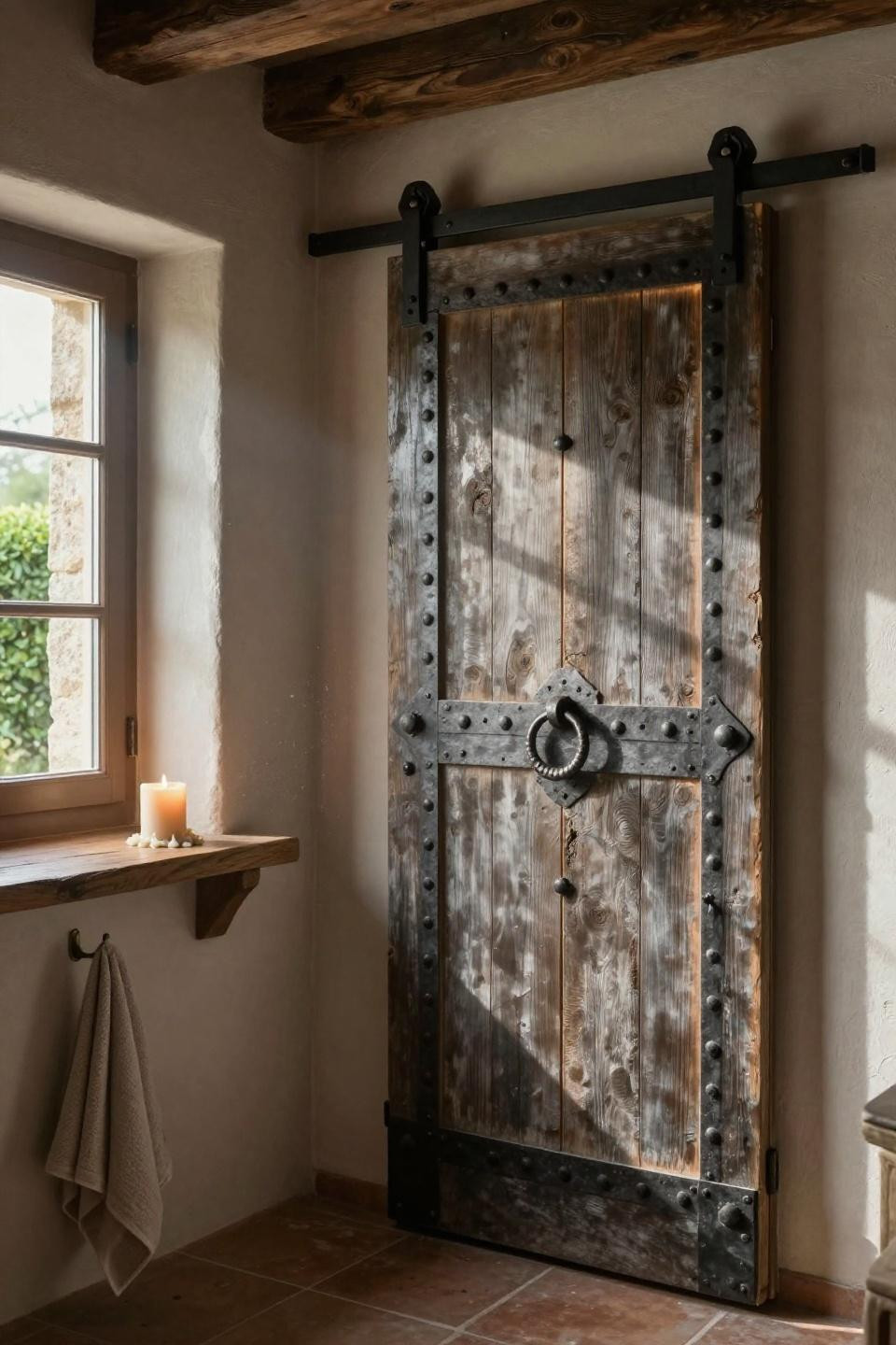 rustic bathroom barn door with hand-forged iron studded diamond pattern on weathered gray oak in tuscan farmhouse