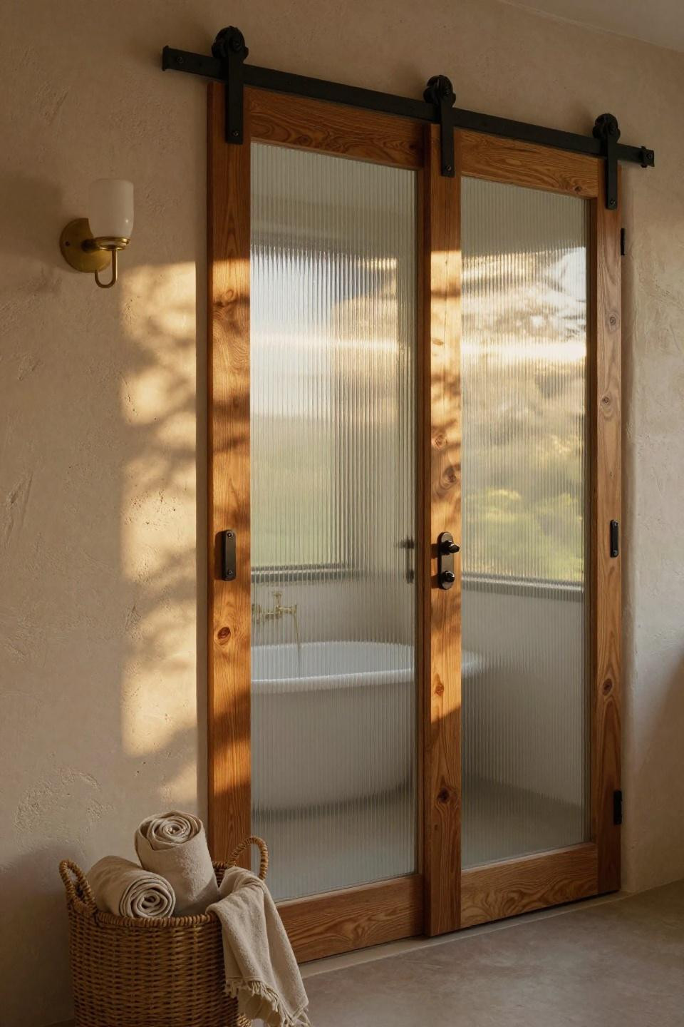 honey oak barn door with vertical reeded glass panels and matte black hardware in napa valley bathroom