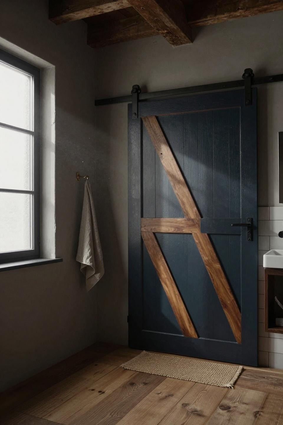 moody scandinavian bathroom barn door in deep charcoal blue with exposed black iron hardware against sage plaster wall