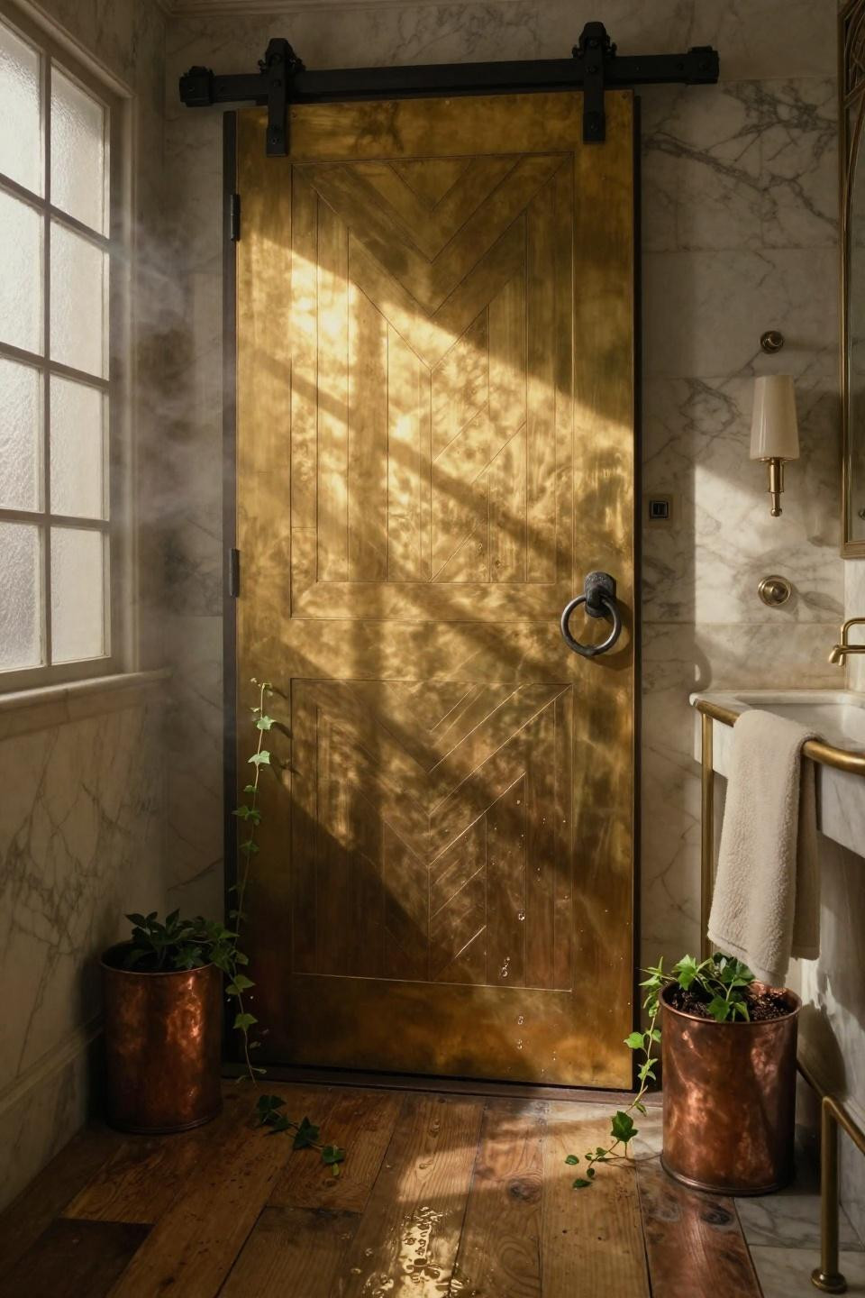 art deco bathroom barn door in hand-rubbed unlacquered brass with geometric chevron inlay and stepped panels